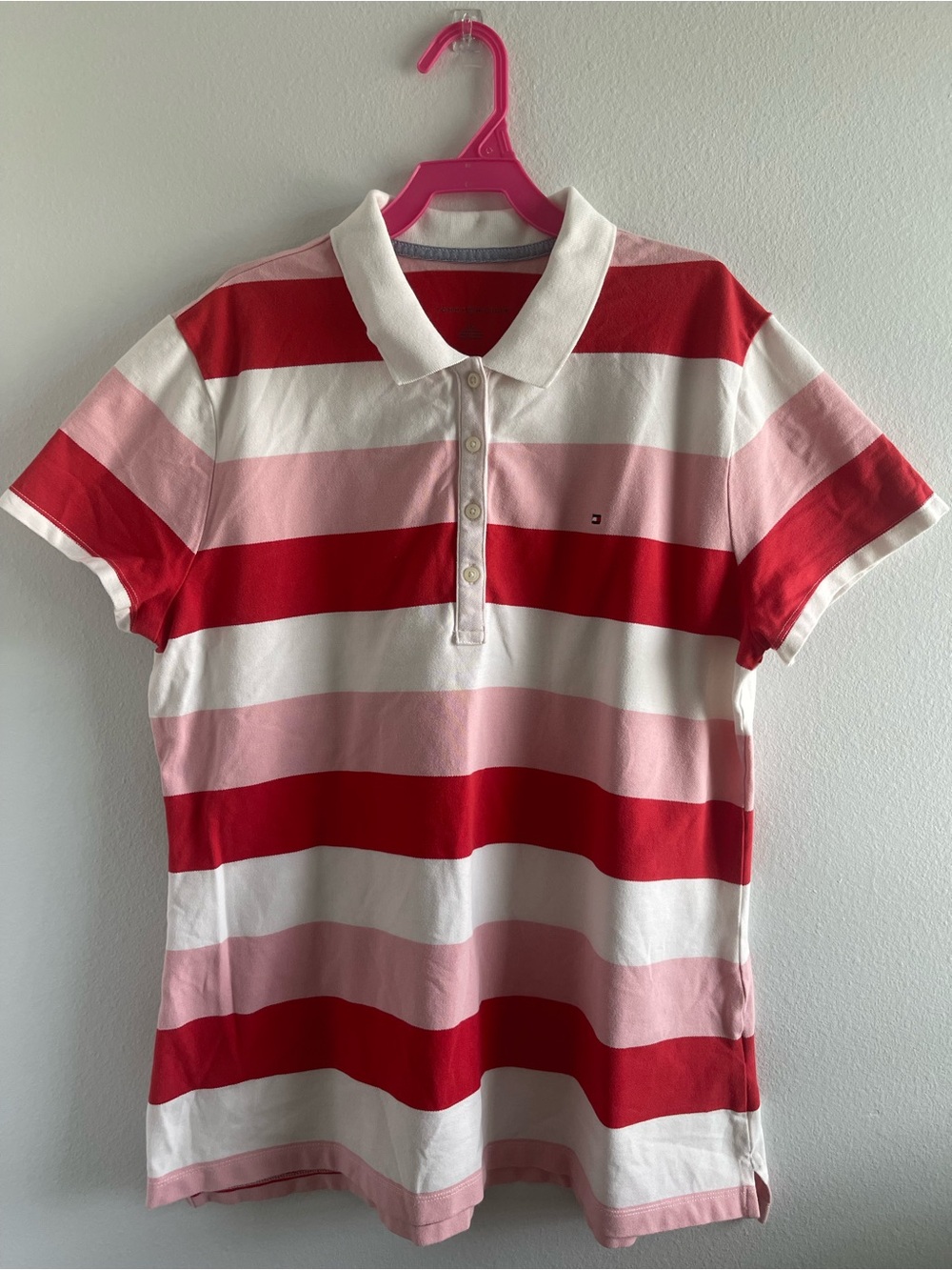 Tommy Hilfiger Polo Shirt Womens L Striped Red Pink White Short Sleeve